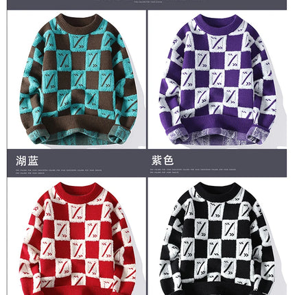 New Men's Fashion Round Neck Print Sweater Autumn Winter Contrast Color Printed Letter Long Sleeve Loose Casual Knitted Tops