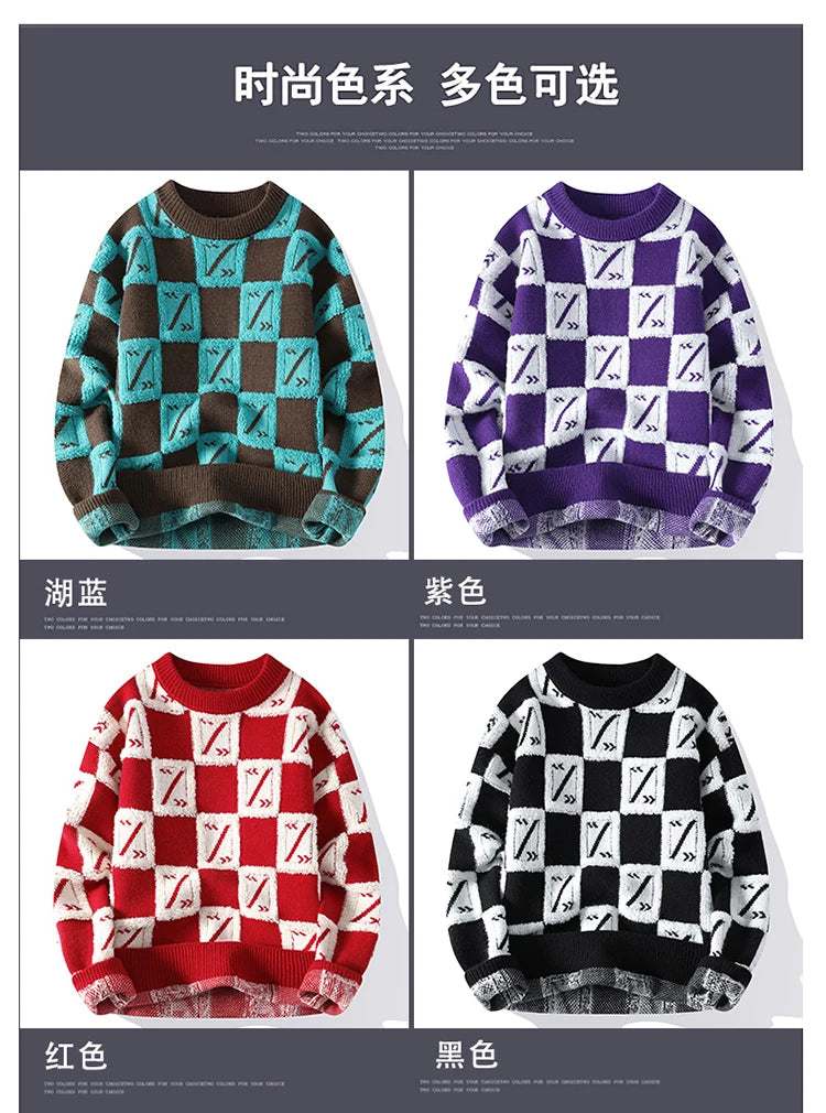 New Men's Fashion Round Neck Print Sweater Autumn Winter Contrast Color Printed Letter Long Sleeve Loose Casual Knitted Tops