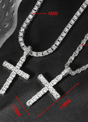 Hip Hop Iced Out Cross Pendant Necklace Strap 4mm Zircon Tennis Chain Men Women Sparkling Necklace Punk Jewelry Fashion Gift PlatiNum