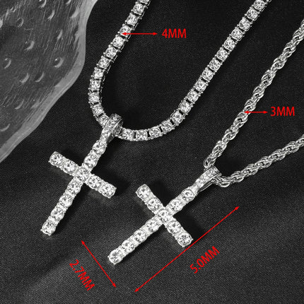 Hip Hop Iced Out Cross Pendant Necklace Strap 4mm Zircon Tennis Chain Men Women Sparkling Necklace Punk Jewelry Fashion Gift PlatiNum