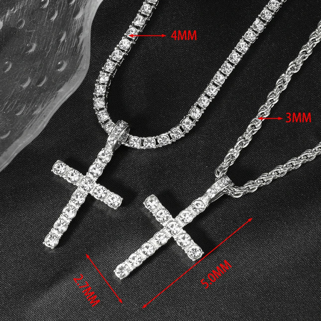 Hip Hop Iced Out Cross Pendant Necklace Strap 4mm Zircon Tennis Chain Men Women Sparkling Necklace Punk Jewelry Fashion Gift PlatiNum