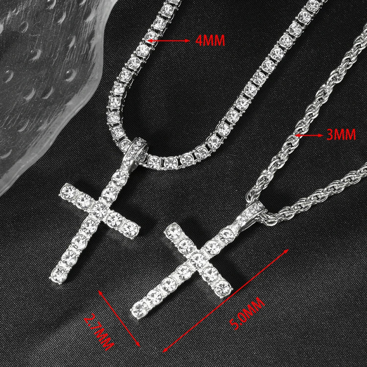 Hip Hop Iced Out Cross Pendant Necklace Strap 4mm Zircon Tennis Chain Men Women Sparkling Necklace Punk Jewelry Fashion Gift PlatiNum