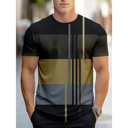 Men's Simple Fashion Striped Graphic T-shirt Summer Fashion Short Sleeve 3D Printed T-shirt Casual Oversized Crew Neck T-shirt