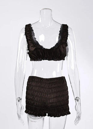 Pigiama da donna HiLoc in raso sexy, completo due pezzi con top corto e pantaloncini a vita elasticizzata con arricciatura, tinta unita, per casa.