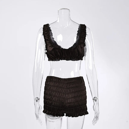 Pigiama da donna HiLoc in raso sexy, completo due pezzi con top corto e pantaloncini a vita elasticizzata con arricciatura, tinta unita, per casa.
