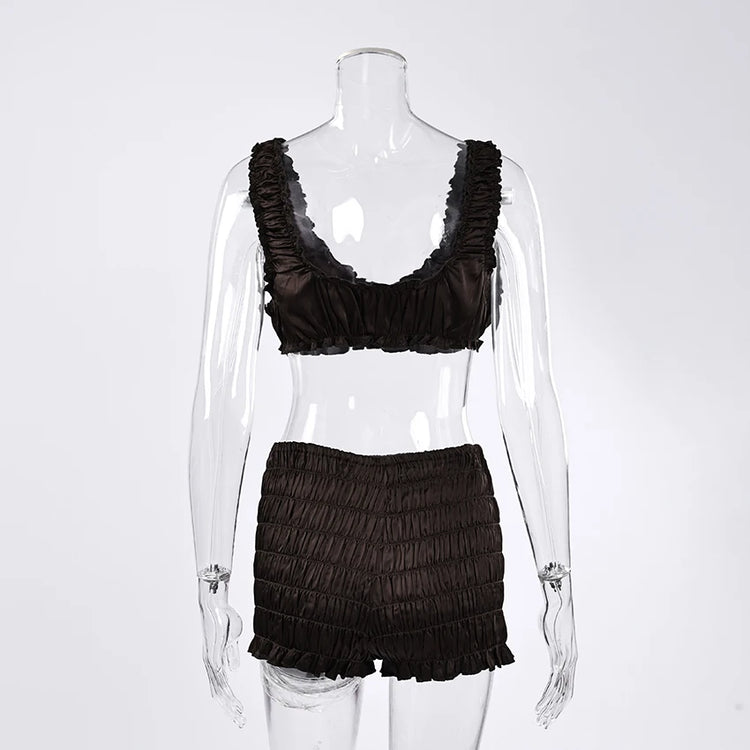 Pigiama da donna HiLoc in raso sexy, completo due pezzi con top corto e pantaloncini a vita elasticizzata con arricciatura, tinta unita, per casa.