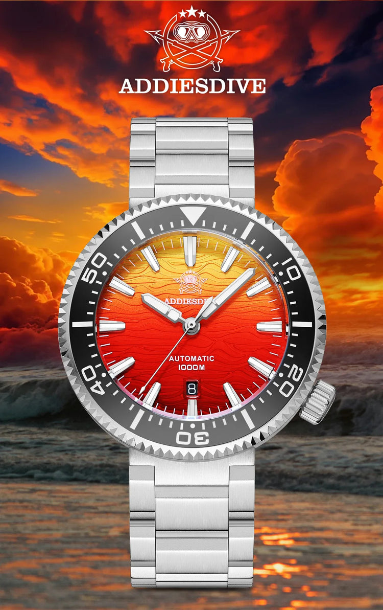 ADDIESDIVE Men Watch 100Bar Diver Fiery Sunset Cloud  8215 Sapphire Glass BGW9 Luminous Reloj Automatic Mechanical Watch AD2526