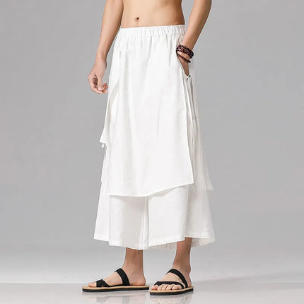 Pantaloni da uomo irregolari in cotone e lino, stile Harajuku, a gamba larga, tinta unita, casual, con elastico in vita, vestibilità ampia, stile punk