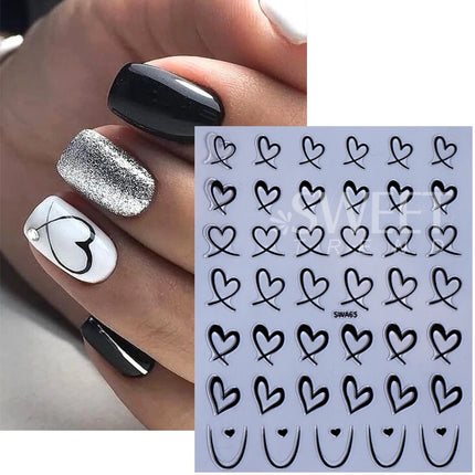 3pcs Valentine's Day Nail Art Stickers 3D Black White Pink Lines Love Heart Nail Decals DIY Adhesive Slider Manicure Decorations