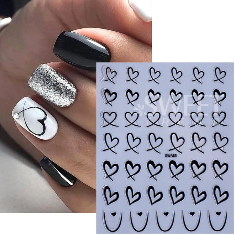3pcs Valentine's Day Nail Art Stickers 3D Black White Pink Lines Love Heart Nail Decals DIY Adhesive Slider Manicure Decorations