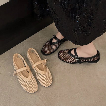Scarpe estive da donna: Ballerine Mary Jane con punta tonda, fibbie dritte, casual e comode, con intagli, in rete