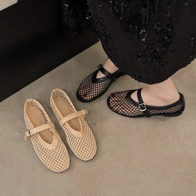 Women's Summer Shoes: Mary Jane Ballet Flats with Round Toe, Straight Buckles, Casual and Comfortable, Cut-out, Mesh