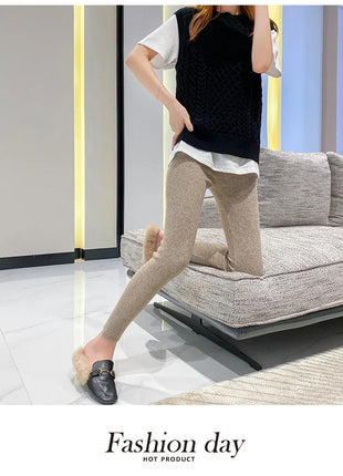 Autumn Winter Women Wool Thickening Leggings High Waist Ribbed Vertical Stripe Casual Knitted Leggings Warm Wear out Pantyhose PlatiNum