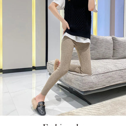 Autumn Winter Women Wool Thickening Leggings High Waist Ribbed Vertical Stripe Casual Knitted Leggings Warm Wear out Pantyhose PlatiNum