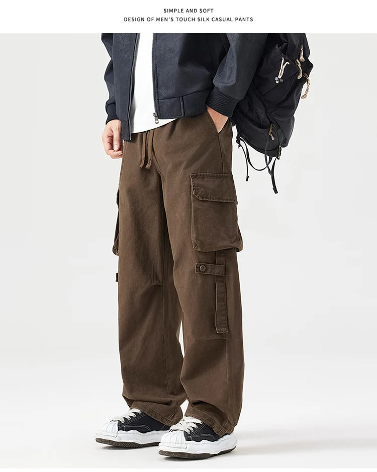 Autumn New Cargo Loose Multi-pockets 100% Cotton Straight Pants for Men Clothing Comfort Zipper Male Trouser GF258113