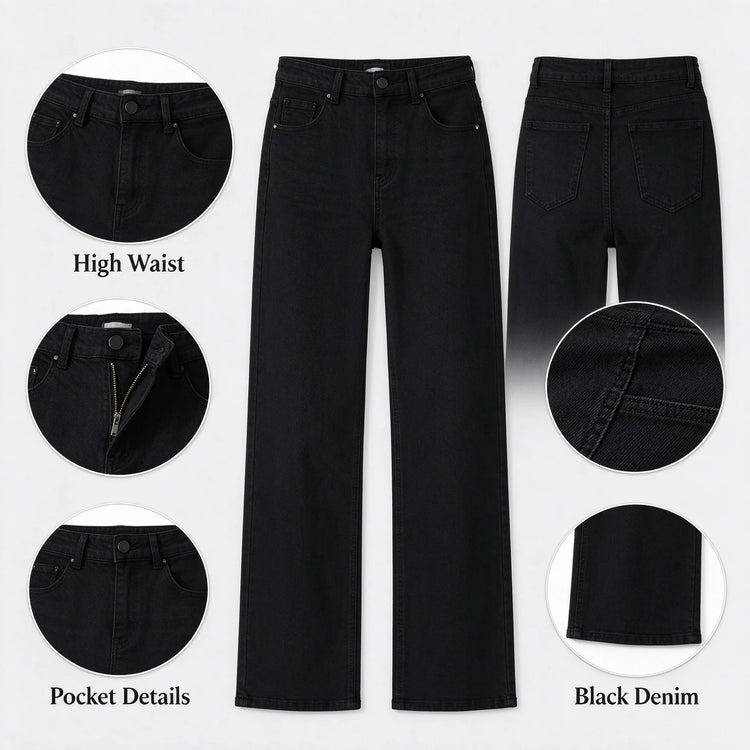 Women's Black Flared Jeans, High Waist, Stretch Denim, Loose Fit, Stitching Details, Elegant Casual Style, Fashionable Trousers, Perfect for All Seasons, Sizes Xs-Xl，Fx1338-1