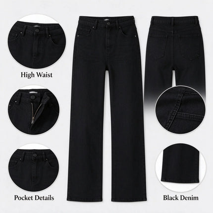 Women's Black Flared Jeans, High Waist, Stretch Denim, Loose Fit, Stitching Details, Elegant Casual Style, Fashionable Trousers, Perfect for All Seasons, Sizes Xs-Xl，Fx1338-1