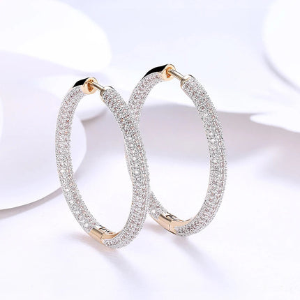URMYLADY 925 Sterling Silver 34mm Circle 24K Gold Shiny Zircon Earrings For Women Wedding Party Fashion Charm Jewelry PlatiNum