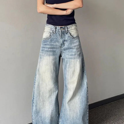 Jeans Vintage da Donna, Stile Americano Retrò, Gamba Larga Y2k, Vita Alta, Blu Chiaro, Pantaloni da Cowboy