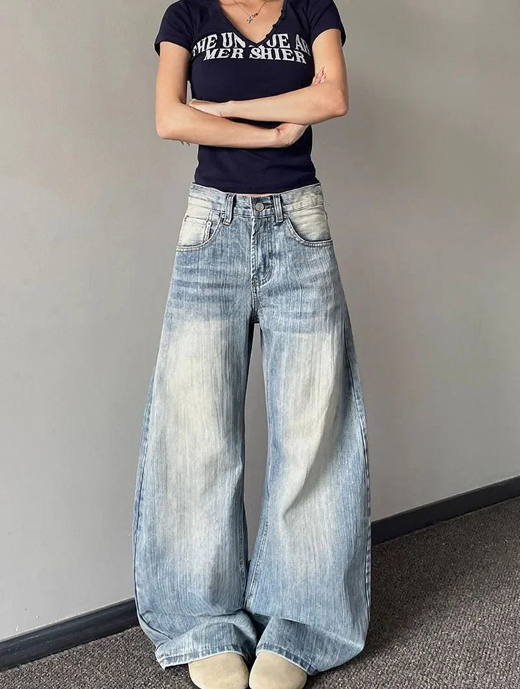 Jeans Vintage da Donna, Stile Americano Retrò, Gamba Larga Y2k, Vita Alta, Blu Chiaro, Pantaloni da Cowboy
