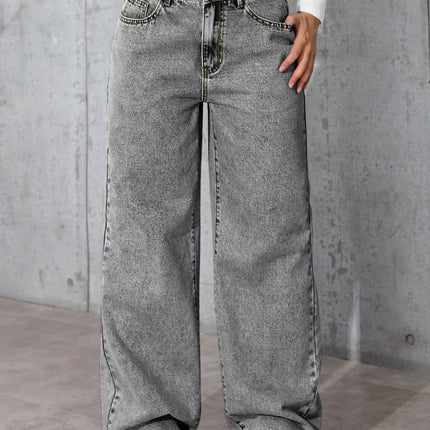 Jeans a gamba dritta a vita alta lavati blu da donna americana Jeans larghi con tasche frontali e posteriori adatti per l'abbigliamento casual quotidiano