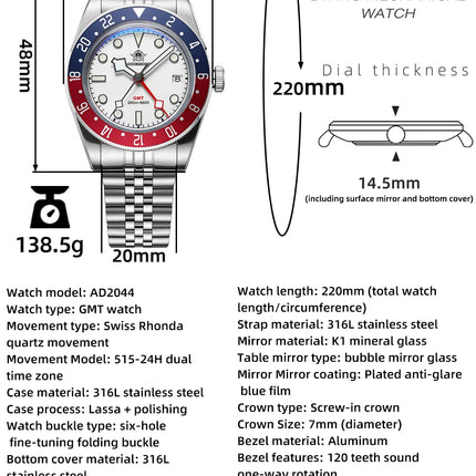 ADDIESDIVE New GMT Watch For Men Gift Bubber Glass AR Coating 200m Waterproof Diving BGW9 Luminous Date Sport Business Wristwatc
