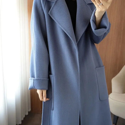 100% Wool Coat Women's Wear 2026 Autumn/Winter Fashion Temperament Double sided Cashmere Coats with Belt Elegant Long Overcoat