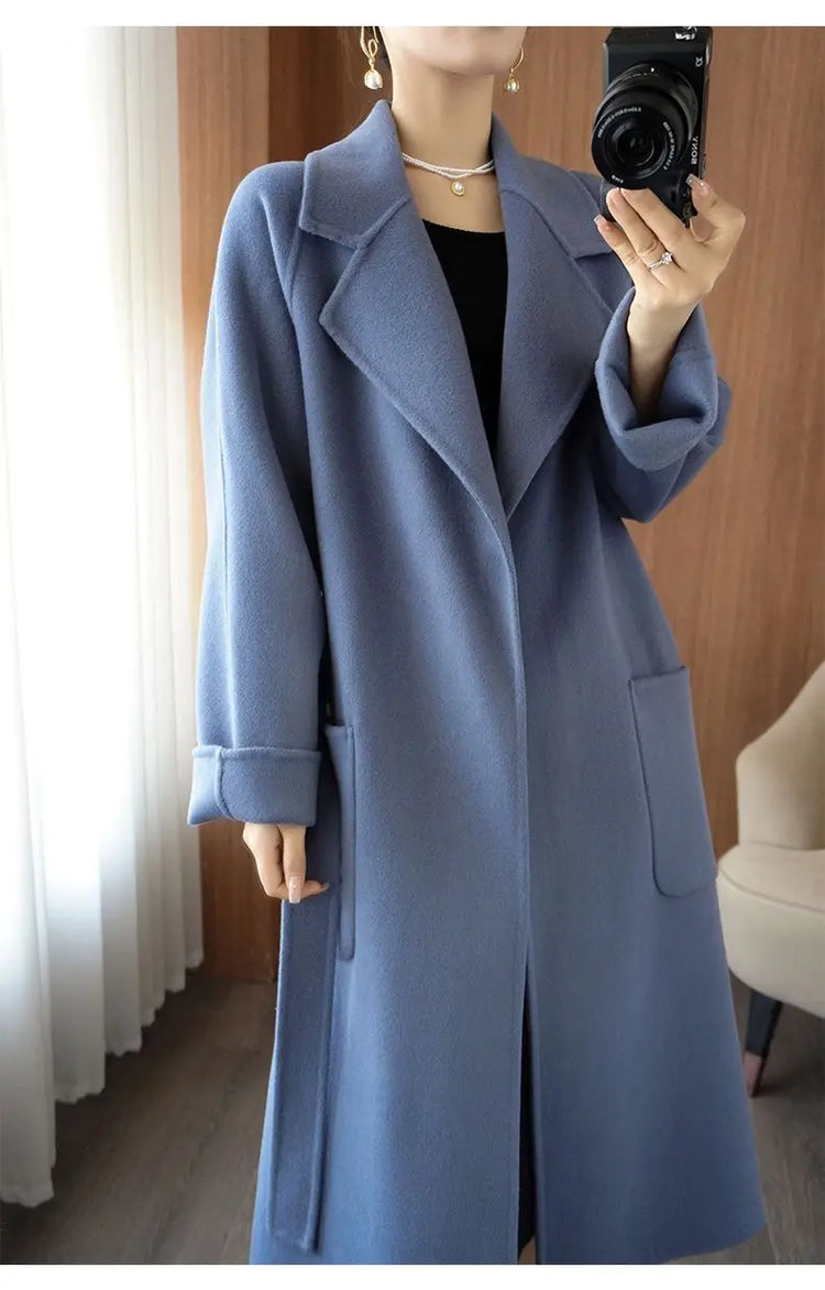 100% Wool Coat Women's Wear 2026 Autumn/Winter Fashion Temperament Double sided Cashmere Coats with Belt Elegant Long Overcoat