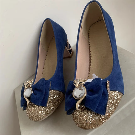Scarpe décolleté da donna casual con tacco basso in cristallo blu di lusso Scarpe da festa di nozze con tacco nero rosa legato con fiocco dolce da donna