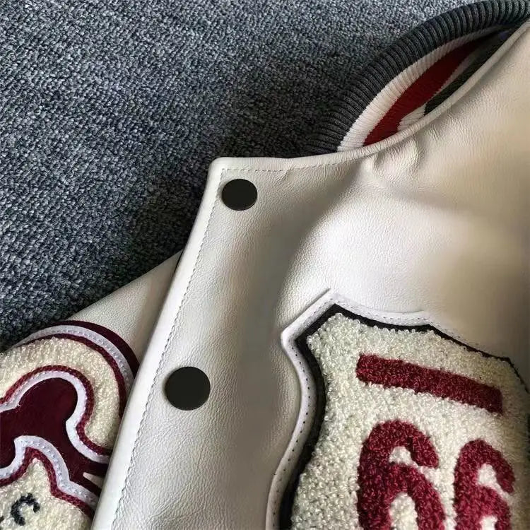 Men's Spring Autumn baseball uniform Retro Trend Men Leather Jacket heavy industry Embroidery white short Coat ins hot sale