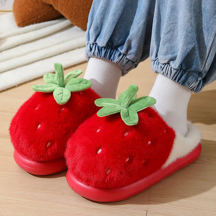 Cute Strawberry Design Furry Cotton Slippers Women's Winter Thick Soled Anti Slip Indoor Home Slippers Comfort Plush Warm Shoes
