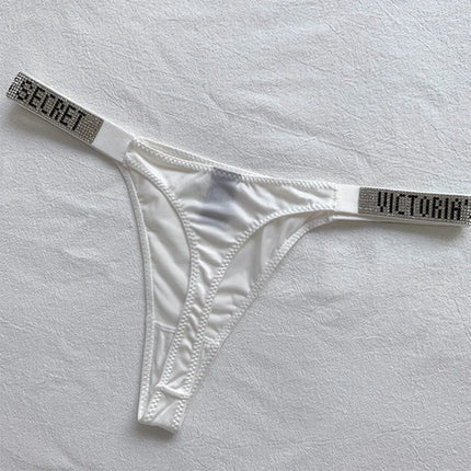 Satin Letter Rhinestone G-String Women Underwear Sexy Lace Lingerie Low Waist Seamless Panties Panties