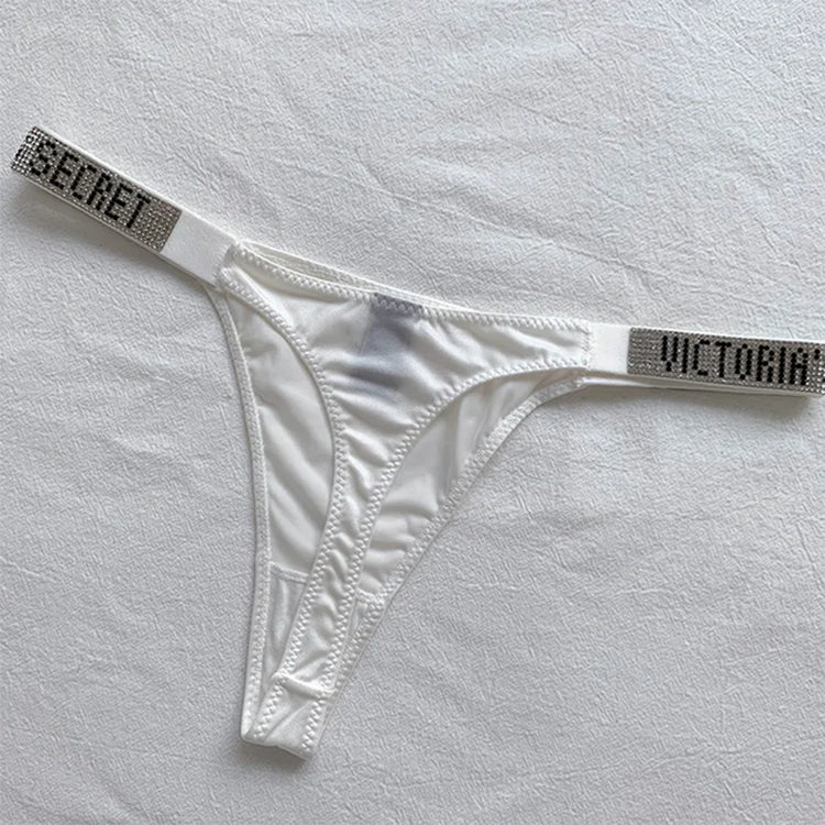 Satin Letter Rhinestone G-String Women Underwear Sexy Lace Lingerie Low Waist Seamless Panties Panties