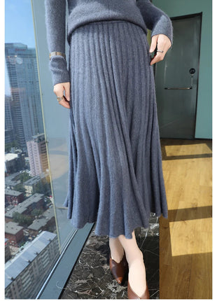 Autumn And Winter Fashion Mink Cashmere Mid Length High Waist Skirt For Women, Knitted Umbrella Skirt, Fashionable Pleated Skirt PlatiNum