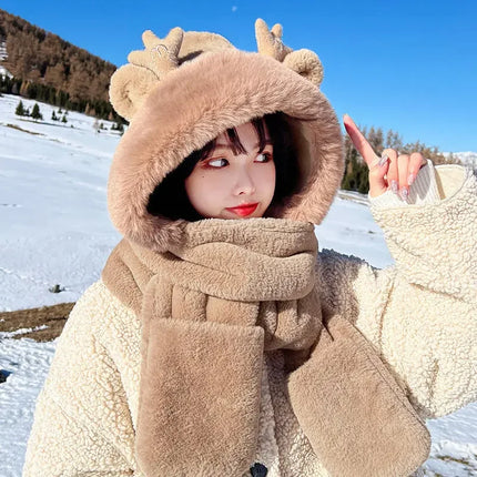 New Fashion Scarf Hat Glove Women Cute Big Ear Bunny Beanie Winter Warm Soft Thickening Pocket Warm Ear Hats Hooded Skullie Caps