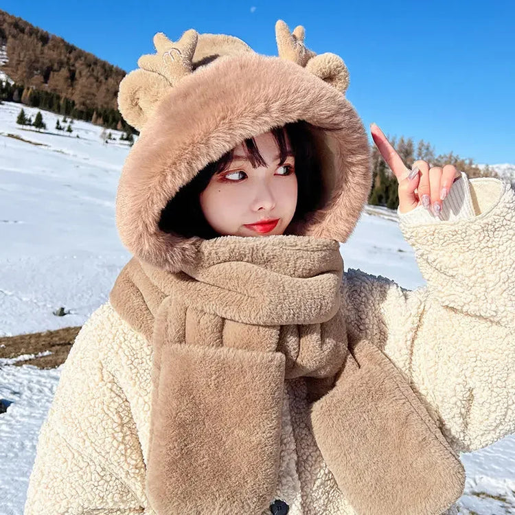 New Fashion Scarf Hat Glove Women Cute Big Ear Bunny Beanie Winter Warm Soft Thickening Pocket Warm Ear Hats Hooded Skullie Caps