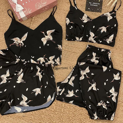 Set da 4 pezzi pigiameria da donna in raso di seta pigiama Set estivo con scollo a v cinturino da notte pigiama Homewear Fox Animal Flower Print Clothes