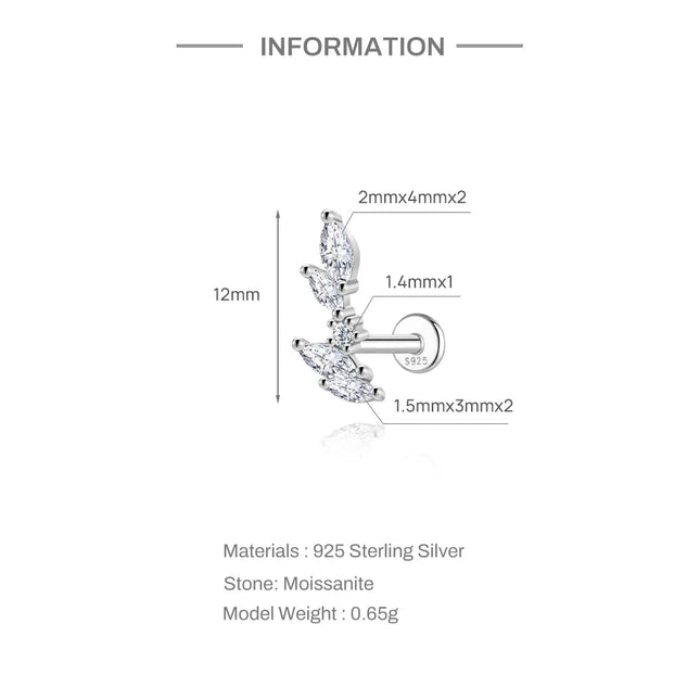 Aide S925 Sterling Silver Moissanite Silver Color Srud Earrings Women Heart Leaf Geometric DIY Ear Bone Sruds Piercing Jewelry PlatiNum