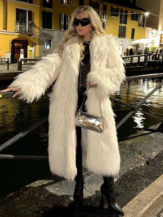 ZADORIN Chic Winter Clothes Woman Lapel Long White Faux Fur Coat Woman Elegant Fluffy Jacket Mongolian Fur Faux Coat Outerwears