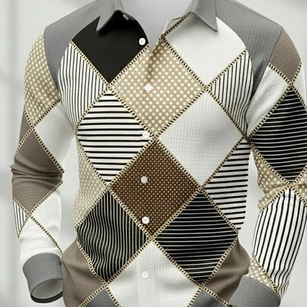 Men's Retro Patchwork Plaid Long-Sleeve Shirt, Casual Button-Down Top, Stylish Daily Office/Streetwear Shirt