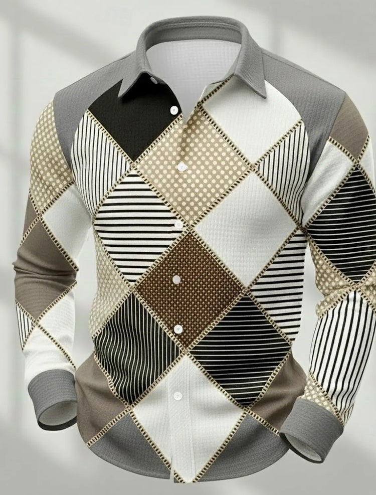 Men's Retro Patchwork Plaid Long-Sleeve Shirt, Casual Button-Down Top, Stylish Daily Office/Streetwear Shirt