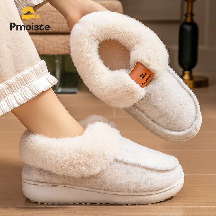 Platform Slippers Women Wedge Memory Foam  TPR Non Slip Sole Warm Fuzzy Winter Durable Bedroom Shoes Cozy Comfort