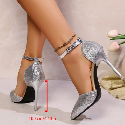 Tacchi altissimi Scarpe da sposa per feste con glitter dorati Scarpe da donna sexy con cinturino alla caviglia Décolleté da donna 2025 Sandali con tacco a spillo