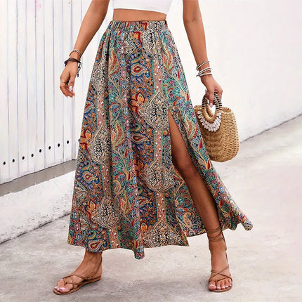 Gonna Lunga Vintage Bohemien con Stampa Etnica da Donna, Gonna Estiva Casual a Vita Alta 2026, Elegante Gonna Boho a Trapezio con Spacco e Pieghe