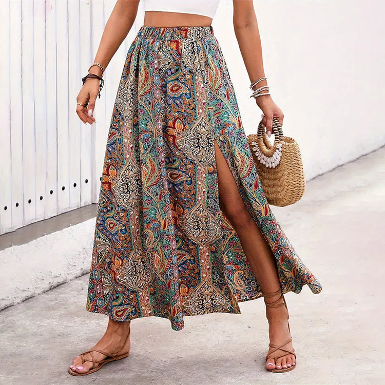 Gonna Lunga Vintage Bohemien con Stampa Etnica da Donna, Gonna Estiva Casual a Vita Alta 2026, Elegante Gonna Boho a Trapezio con Spacco e Pieghe