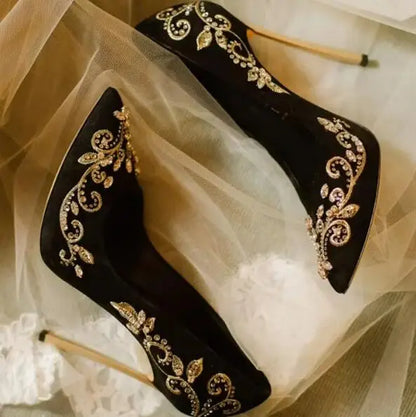 Bling Rhinestone Gold Silver Flower Embroidery Blade Heel Pumps Metal High Heels Crystal Black Suede Pointed Toe Woman Shoes