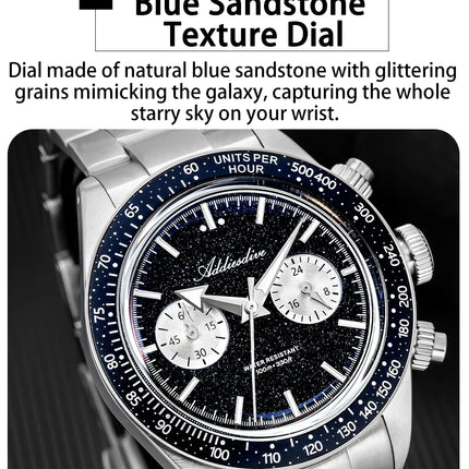 ADDIESDIVE Luxury Mens Watch New AD2558 VK64 Quartz Chronograph Stainless Steel Blue Sandstone Dial Luminous 100M Waterproof