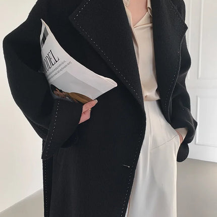 New Solid Korean Style Women Wool Coat Arch Needle Large Neck Versatile Fashion Texture Double Sided Trench Coats Female Winter