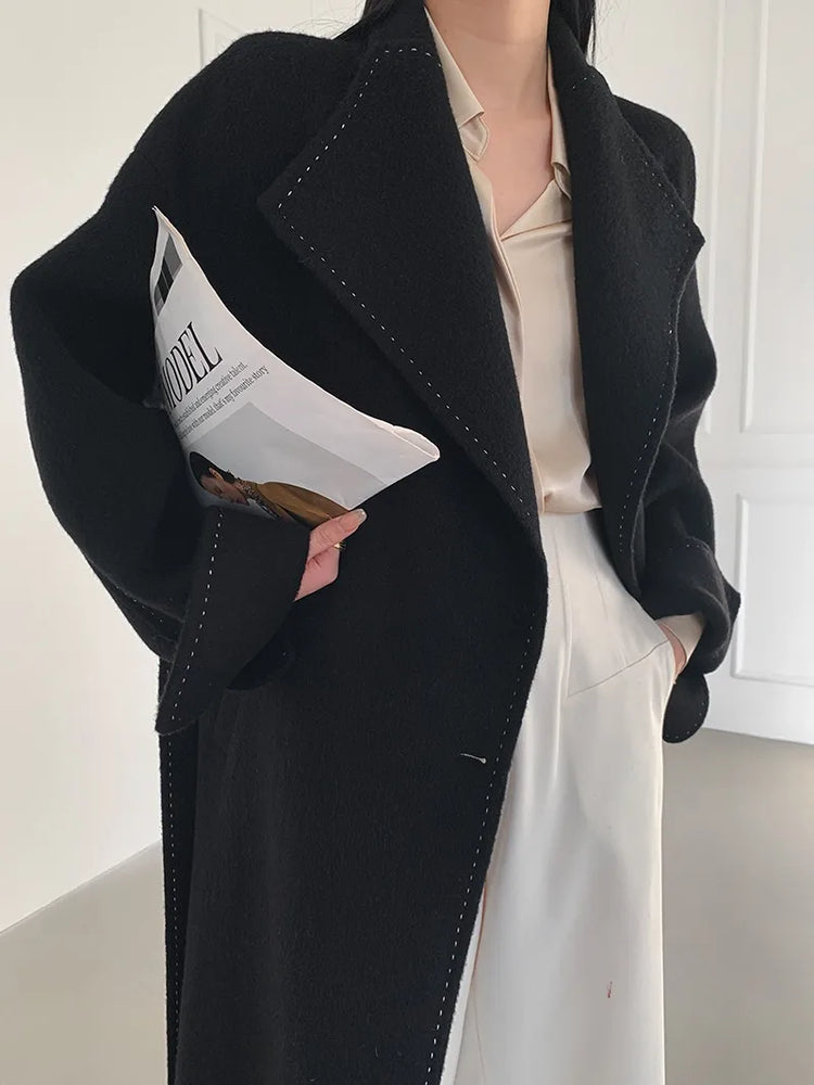 New Solid Korean Style Women Wool Coat Arch Needle Large Neck Versatile Fashion Texture Double Sided Trench Coats Female Winter