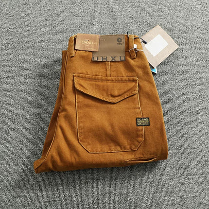 Retro heavy simple cargo pants men's loose straight leg casual pants pure cotton twill woven 3D vertical cut cone pants